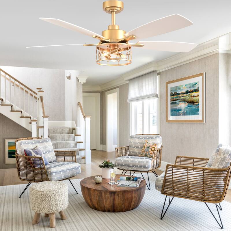 Cusp Barn 52 Inch Industrial Caged Ceiling Fan with Light and Remote, Farmhouse Quiet DC Motor Reversible Chandelier Ceiling Fan