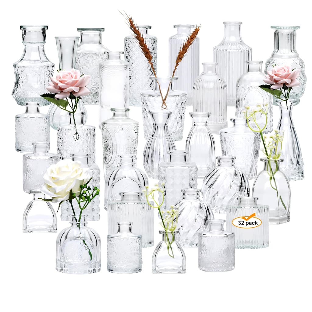 Set of 32 Bud Vases for Flowers, Small Vintage Glass Bottles for Rustic Wedding Centerpieces and Home Decor