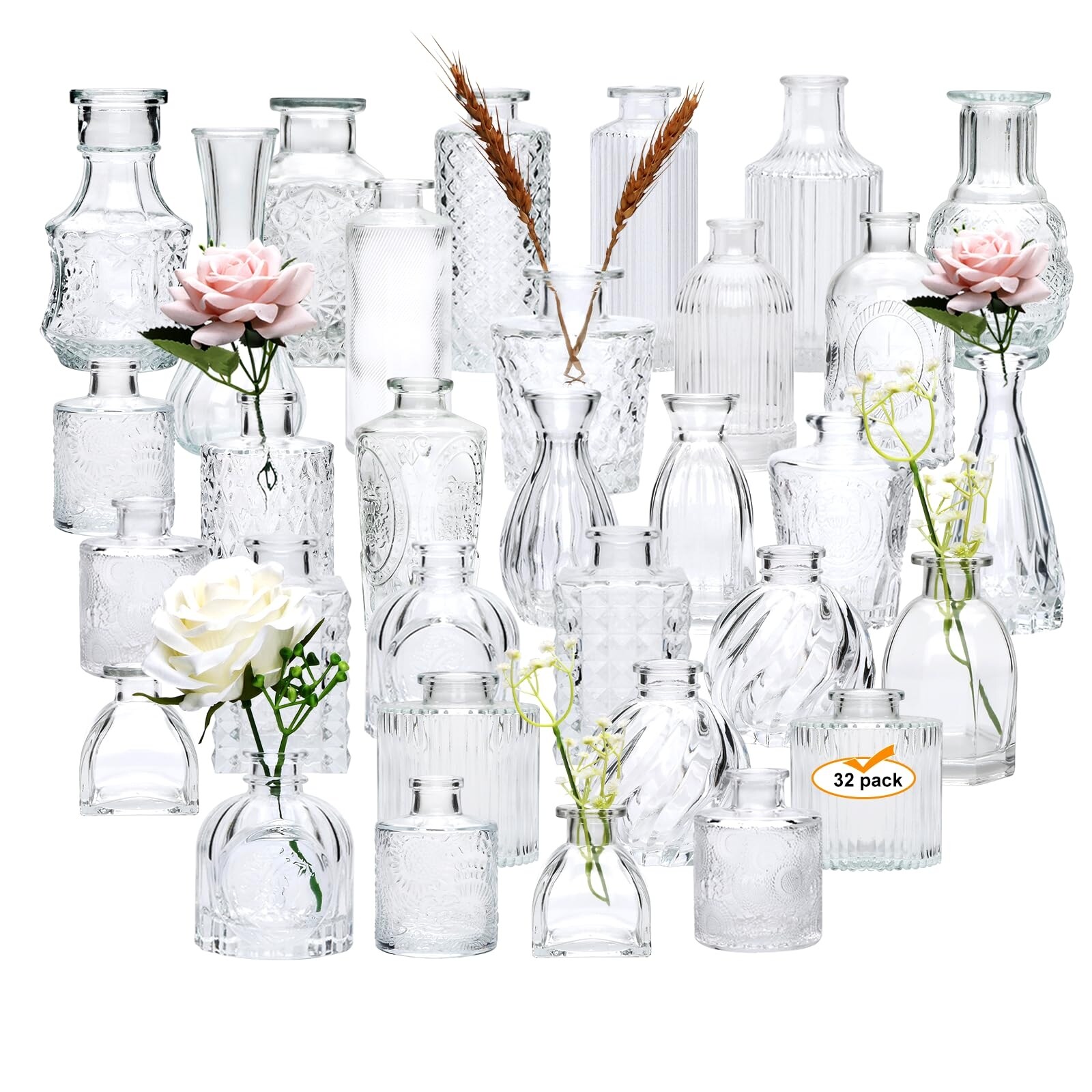 Set of 32 Bud Vases for Flowers, Small Vintage Glass Bottles for