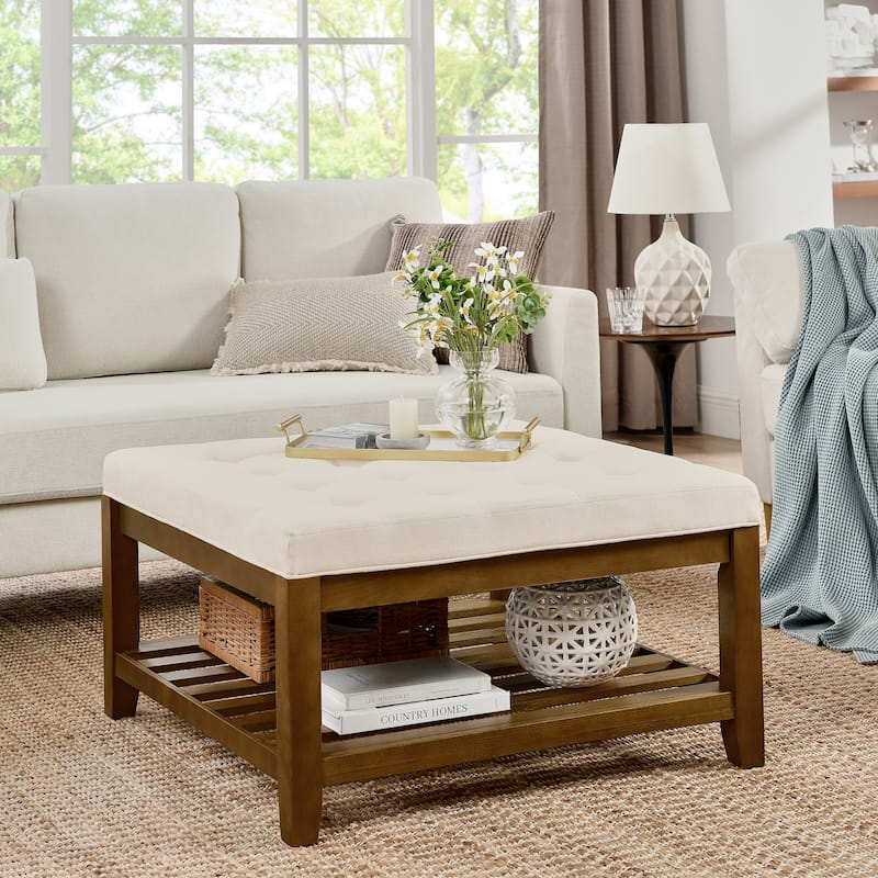 Coffee Table Tufted Linen Large Square Ottoman with Beech Wood Shelf and Frame,Oversized Footrest Ottoman for Living Room - Ivory