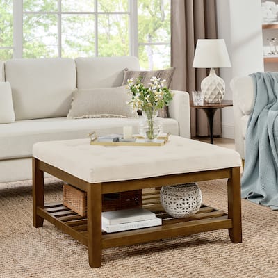 Coffee Table Tufted Linen Large Square Ottoman with Beech Wood Shelf and Frame,Oversized Footrest Ottoman for Living Room