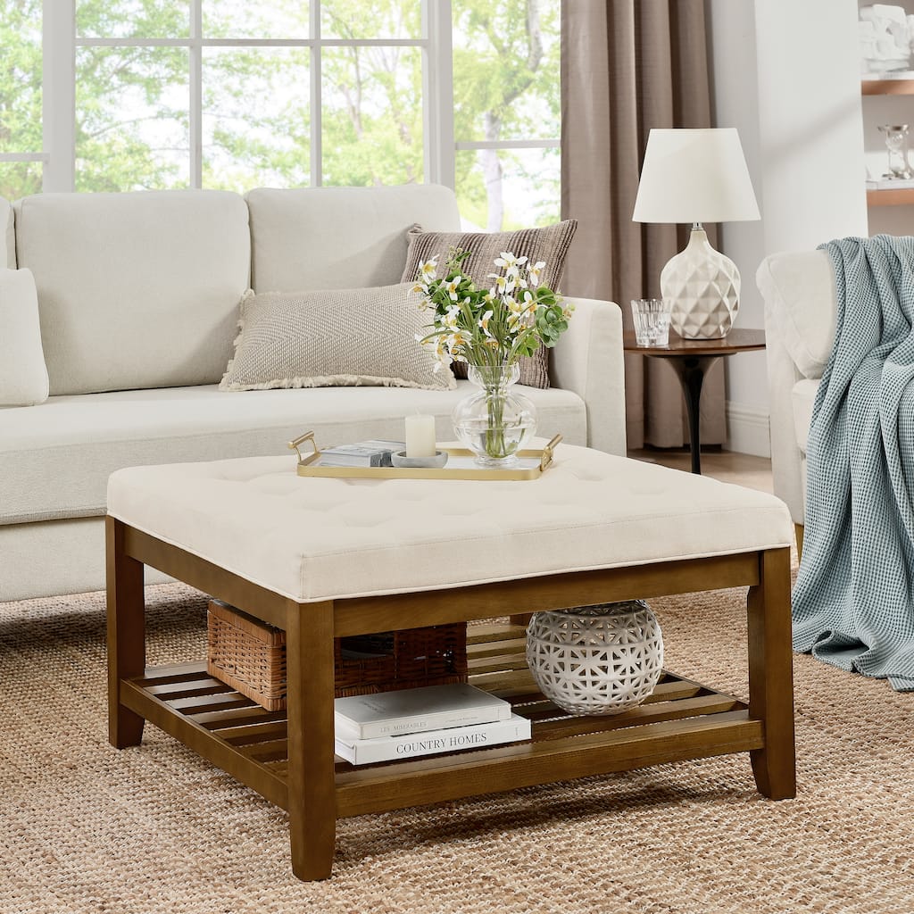 Coffee Table Tufted Linen Large Square Ottoman with Beech Wood Shelf and Frame,Oversized Footrest Ottoman for Living Room