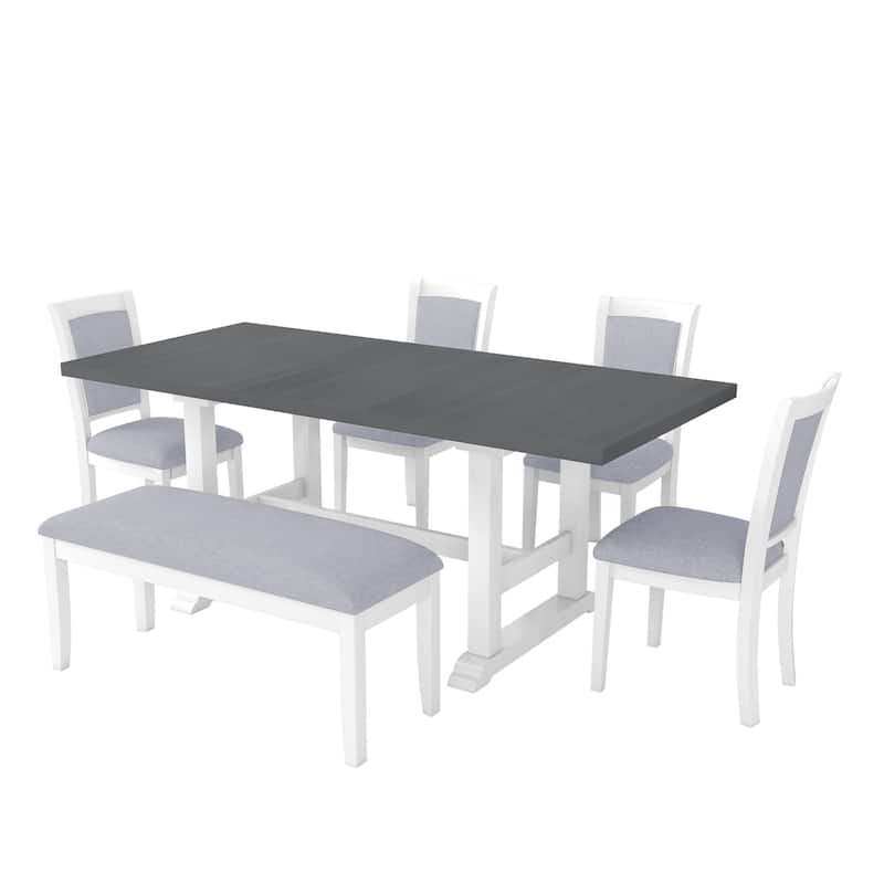6-Piece Extendable Trestle Dining Table Set with Removable Leaf, Kitchen Set with Upholstered Chairs and Bench