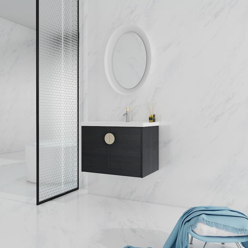 28 Inch Plywood Wall Mounted Bathroom Vanity Set in Black with Integrated Ceramic Basin
