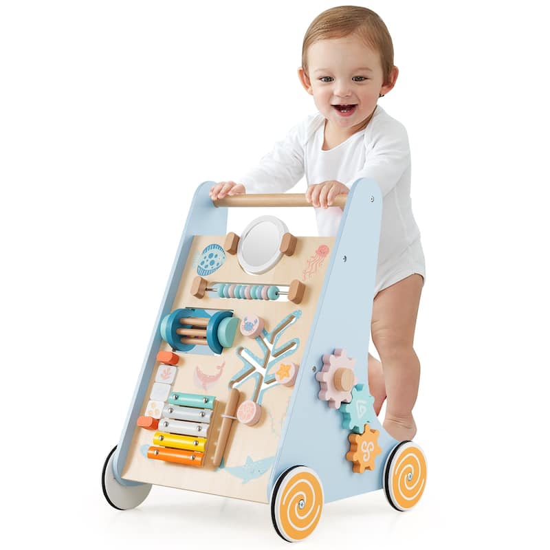 Wooden Baby Walker Push and Pull Learning Activity Center with Wheels-Blue - Multi - Multi