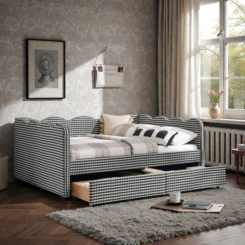 Full Size Gingham Upholstered Daybed with USB Port, Two Storage Drawers and Wave Shaped Design