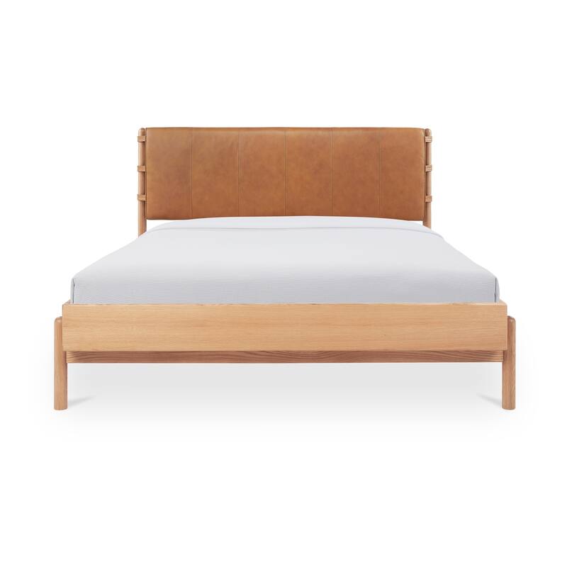 NADAAL STUDIOS Ever Queen Bed Frame, Top-Grain Leather Headboard, Solid Oak Legs, Oak Veneer Frame, Brown - Brown - King