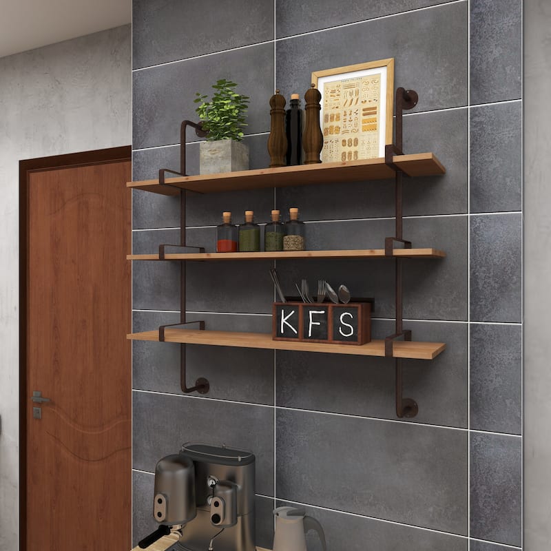 3 Level Wood Wall Shelf with Black Metal Brackets - Brown or Gray