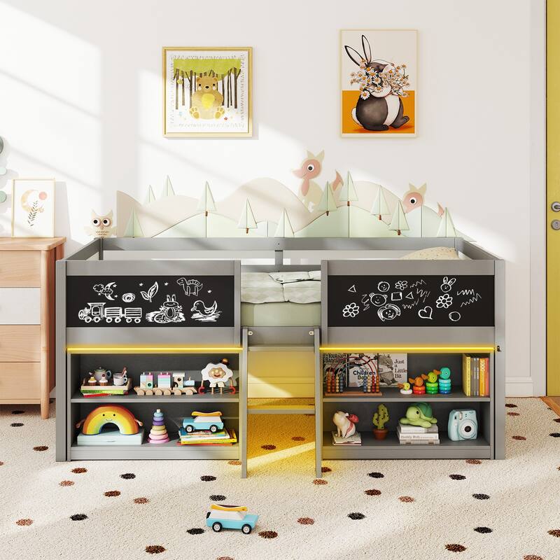 Gymax Low Loft Bed Twin Size Wooden Bed Frame Kid's Cabin Bed w/