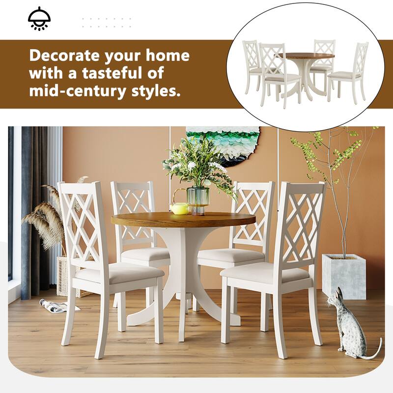 Walnut 5-Piece Wooden Dining Table Set with Round Table & 4 Upholstered Chairs