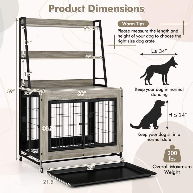 Wooden Dog Crate with Storage Shelves, Tray and Lockable Wheels - 59" x 38" x 25" (L x W x H)