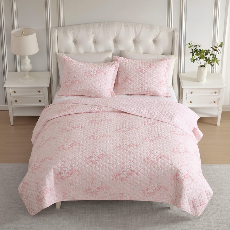 Laura Ashley Toile Delightful Cotton Reversible Pink Quilt Set