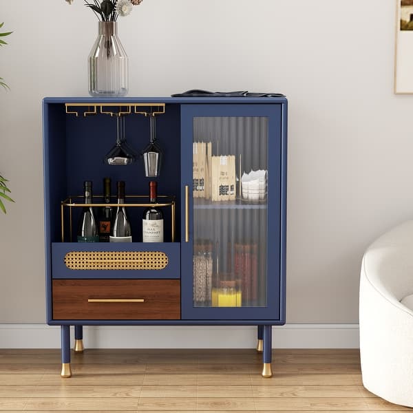 Modern Coffee Bar Cabinet with Wine Glass Rack and Storage Drawer - Blue
