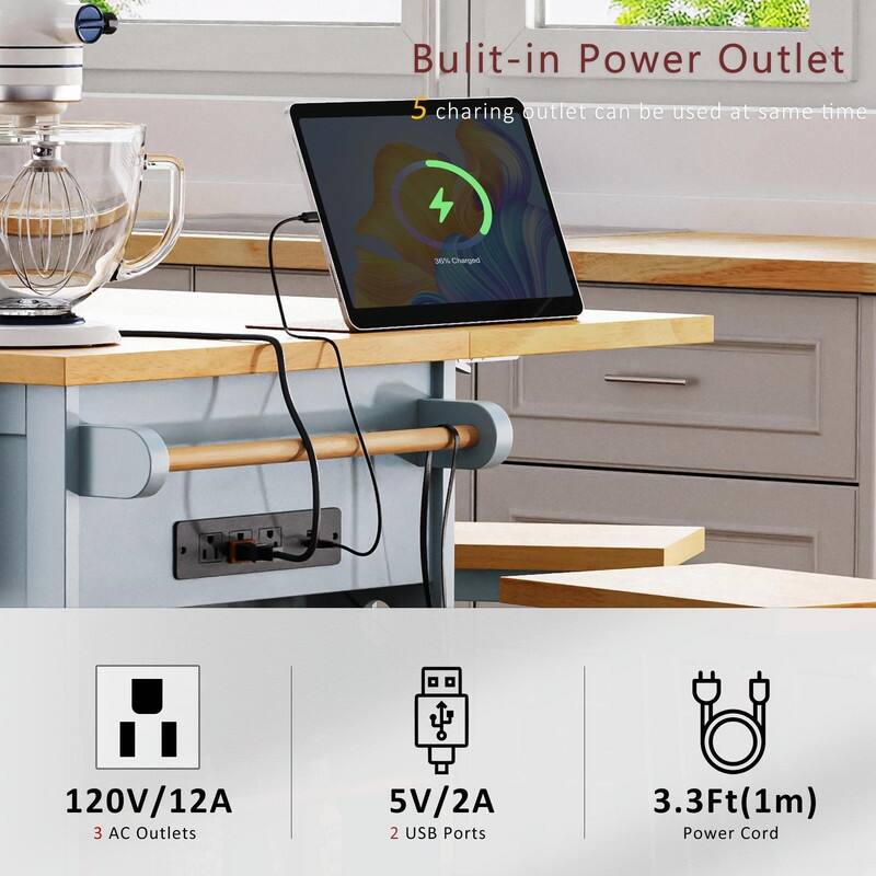 53" Rolling Kitchen Island with Drop Leaf, Power Outlet & Internal Door Storage, 5 Open Side Racks