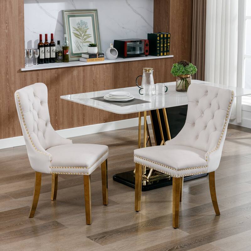 Tufted Solid Wood Velvet Upholstered Dining Chair with Golden Steel Legs