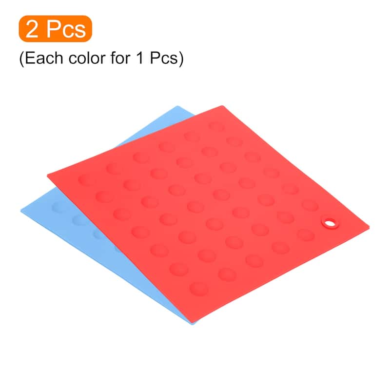 Silicone Trivet Mats 2pcs, Square Dots Dish Drying Mat - Light Blue, Red - Light Blue, Red