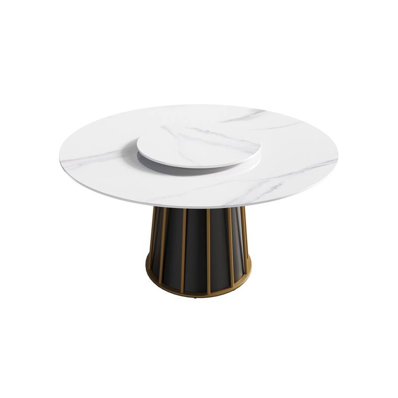 Round Metal Pedestal Dining Table Round Sintered Stone Table with Lazy Susan