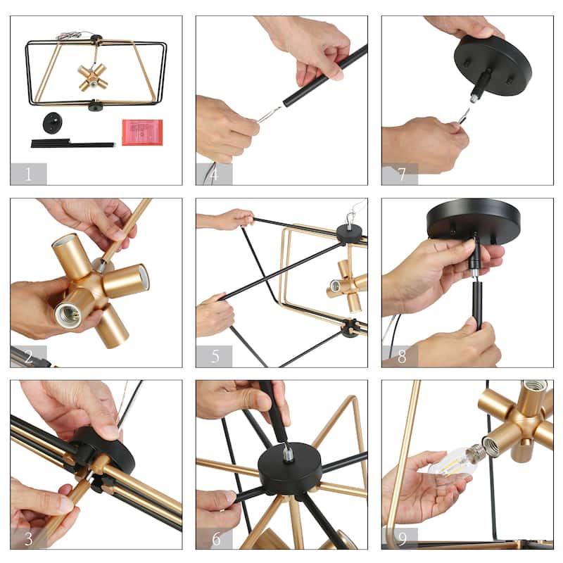 Modern 6-Light Geometric Black and Gold Chandelier Adjustable Height Light Fixture for Large Spaces - 31.4" × 17.3"