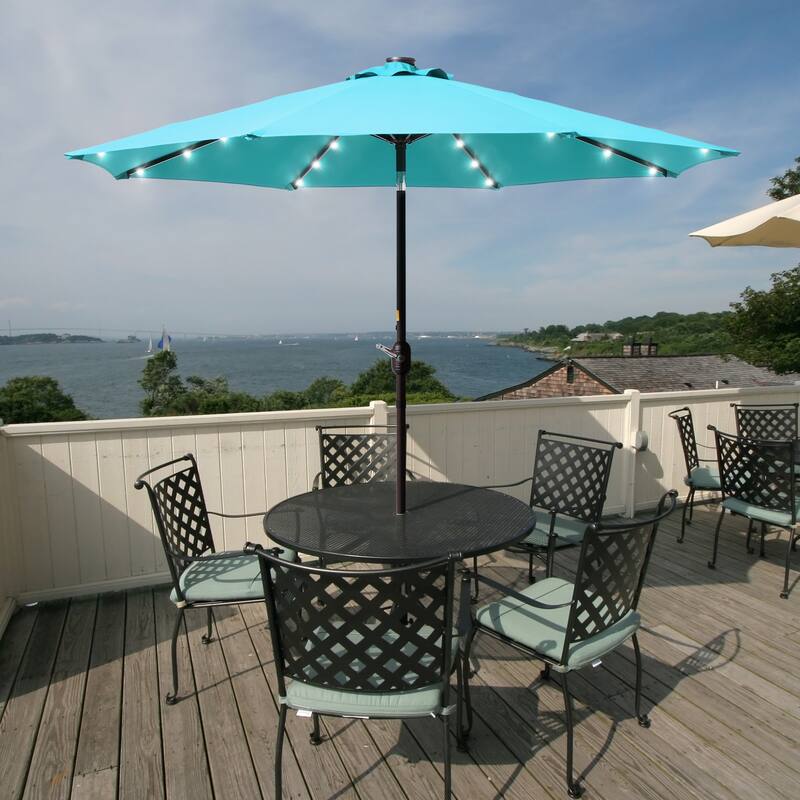 BONOSUKI 9ft Patio Solar Umbrella LED Patio Market Steel Tilt w/Crank - Pacific Blue