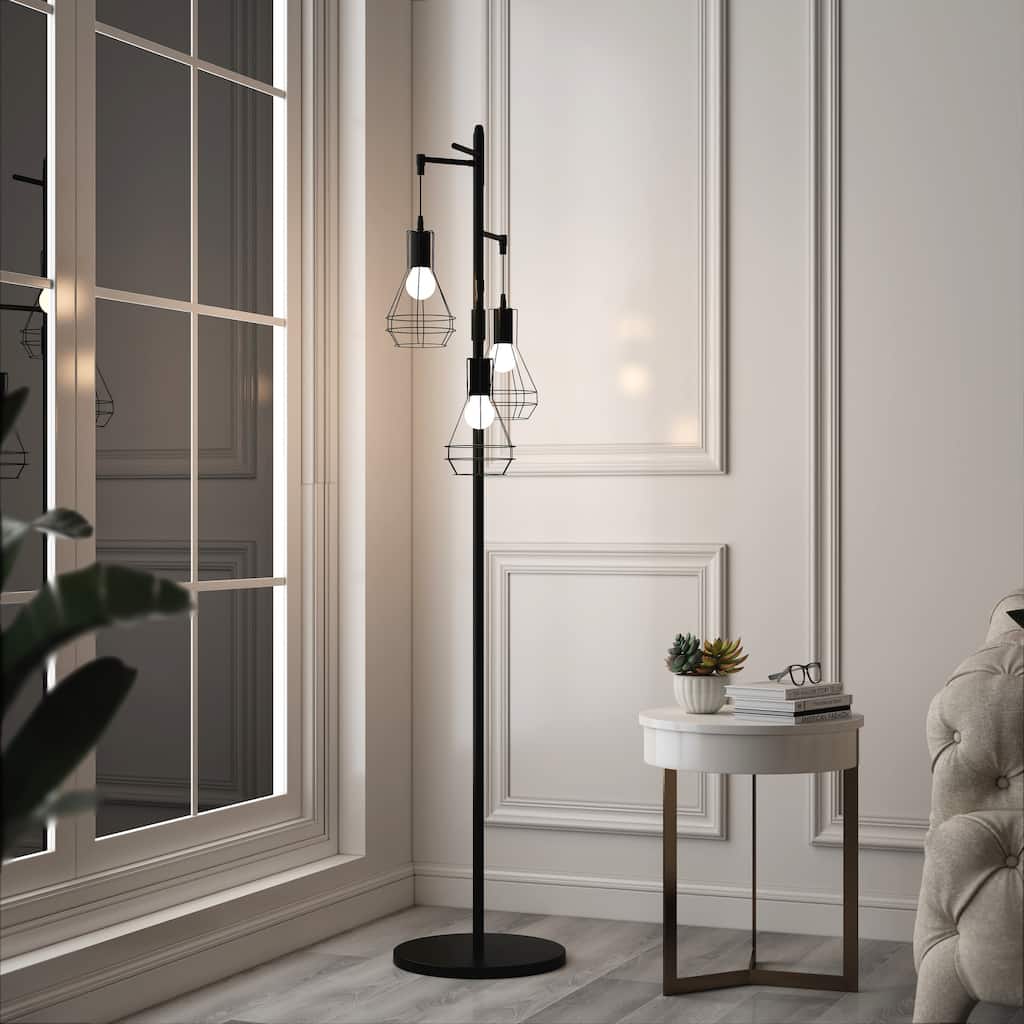 Industrial 3-Light Metal Tree Floor Lamp With Round Shades