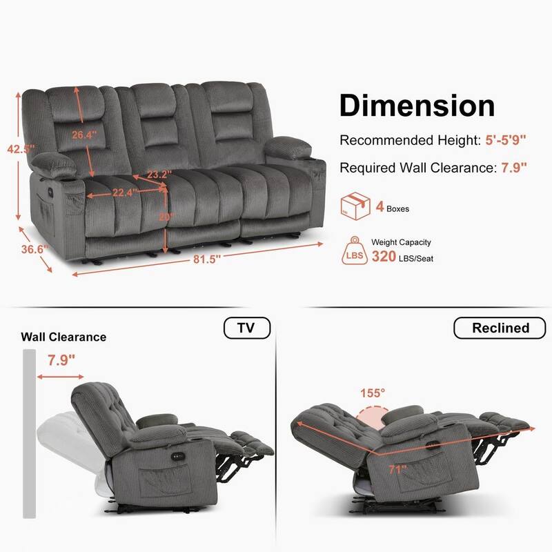 MCombo Power Reclining Loveseat Sofa with Heat and Massage, Fabric PR648