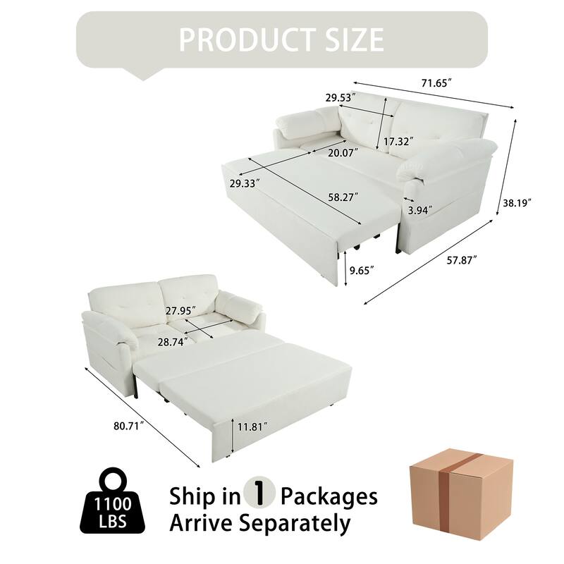 Multi-Functional Chenille Loveseat Sofa Convertible Pull Out Queen Size Sofa Bed with Thickened Cushions and Side Pockets