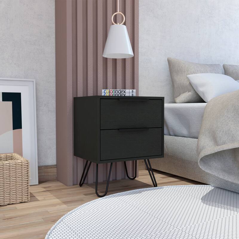 Modern Black Wengue Nightstand, 2 Drawers with Hairpin Legs, Compact and Stylish Design, 13.7"x17.71"x22.44"
