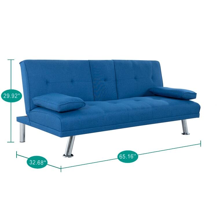 Futon Sofa Bed Couch with Armrest & Cupholders, Faux Leather Sofa Bed Couch Convertible Folding Reclining Small Couch