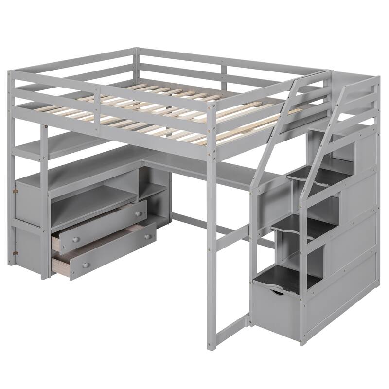 Full Size Loft Bed with Desk, Shelves, Drawers, and Storage Staircase in Gray