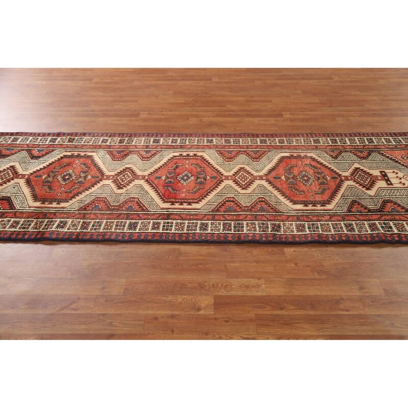 Geometric Ardebil Persian Vintage Runner Rug Handmade Wool Carpet - 3'3"x 10'1"