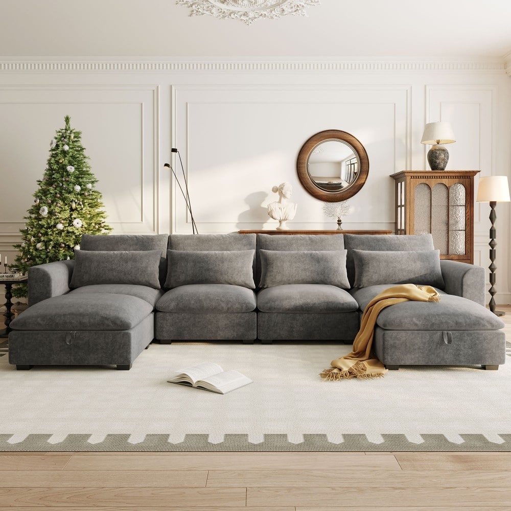 Modern U-shaped Modular Linen Blend Sectional Sofa with 2 Storage Ottomans and 4 lumbar pillows