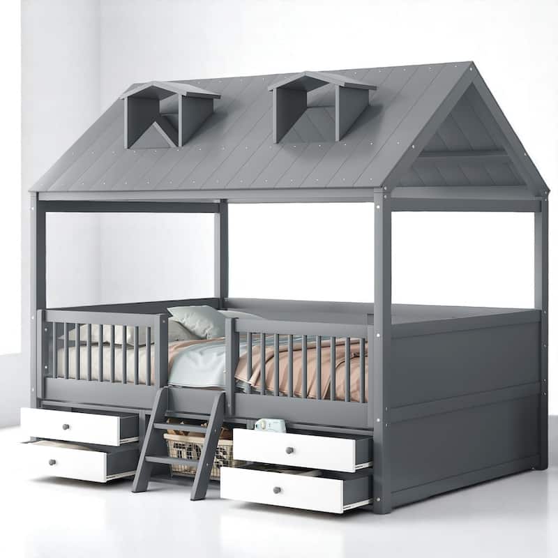 Twin/Full Size Wooden House Bed Frame with Skylight Roof, Drawers, Shelves and Ladder