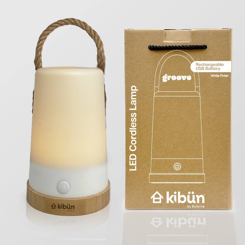 Kibun by Bulbrite Groove Cordless LED Outdoor Table Lamp with Dimmer, Built-in Rechargeable Battery, 3-Level Brightness, White