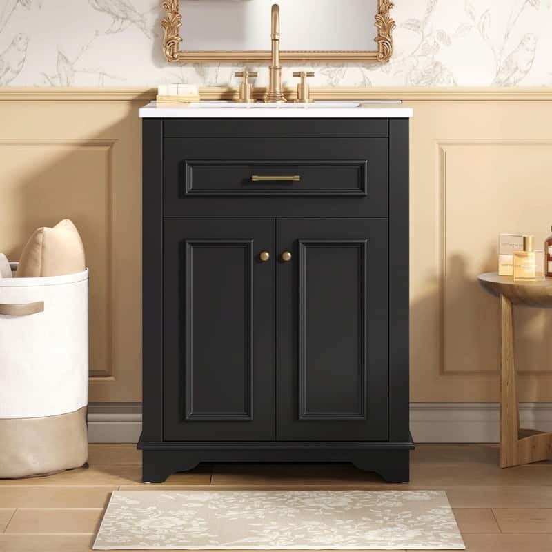 24" Bathroom Vanity with Integrated Ceramic Sink, Cabinet with 2 Doors and 1 Tip-Out Drawer, Single Sink Vanity