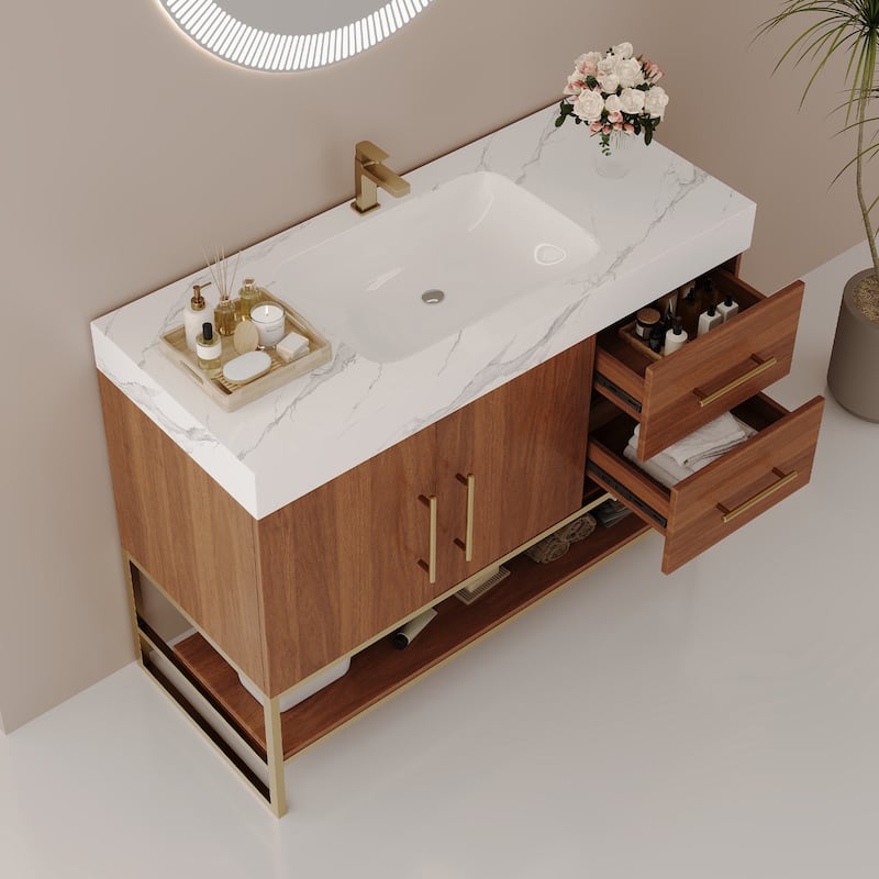 GDFStudio - Luxury 36" Freestanding Sintered Stone Bathroom Vanity with Seamless Ceramic Sink, Open Storage & Soft-Close Drawers