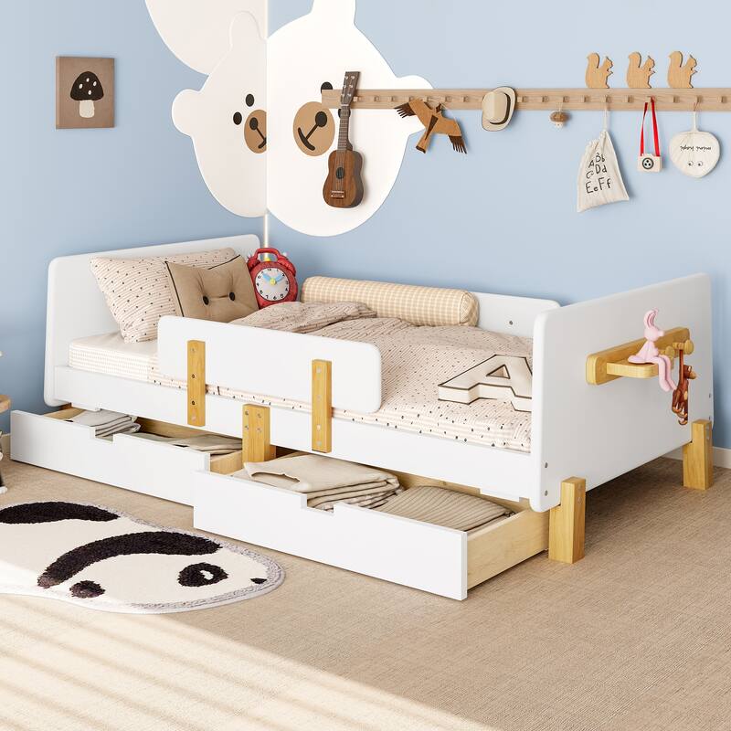 Low Profile Solid Wood Platform Bed Frame with Storage Drawers, Guardrails and Headboard, Footboard with Small Shelf and Hooks