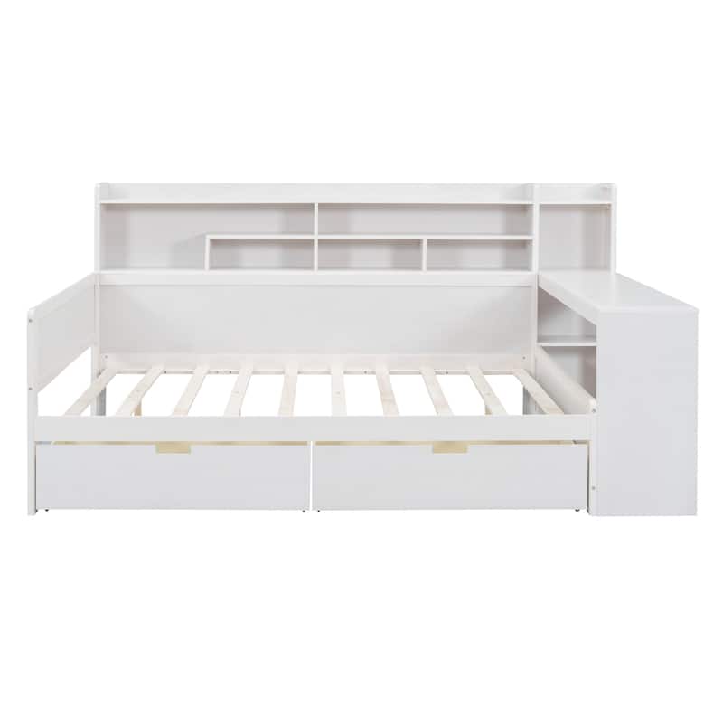 Multi-functional Wooden Full Size Daybed with Storage Shelves, Drawers, and Study Desk