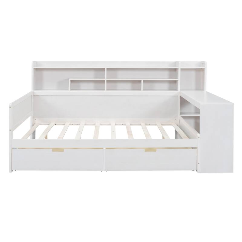Wooden Daybed with Storage Shelves, Multi-functional Bed with Two Storage Drawers and Study Desk