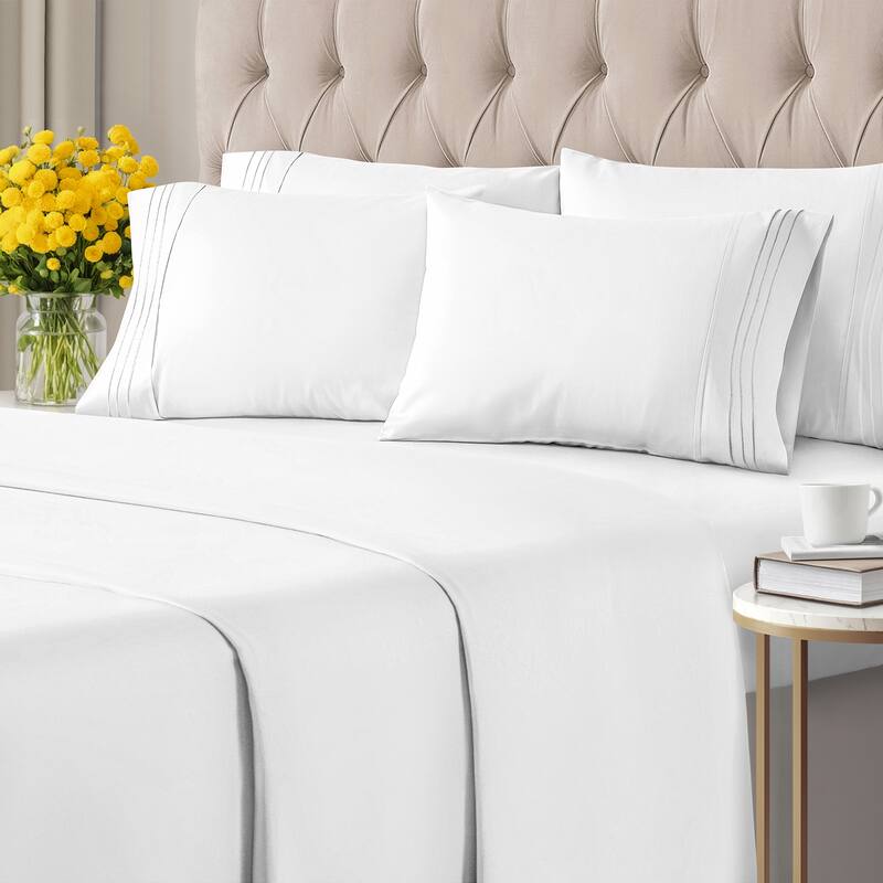 CGK Linens 6 Piece Solid Deep Pockets Microfiber, Easy-Fit Bed Sheet Set - Full - White