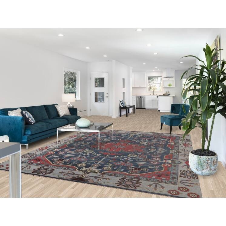 Blue Kazak Indian Area Rug Hand-Knotted Geometric Wool Carpet - 8'1" x 9'9"