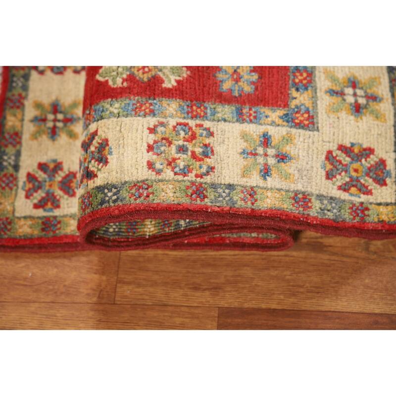 Geometric Red Kazak Oriental Foyer Rug Hand-Knotted Wool Carpet - 2'0" x 3'0"