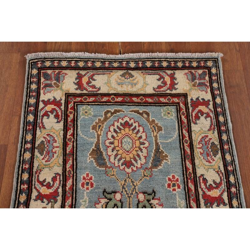 Light Blue Kazak Oriental Runner Rug Hallway Handmade Wool Carpet - 2'1" x 5'7"