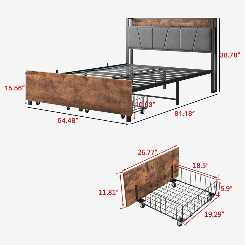 Full Size Bed Frame, Storage Headboard with Charging Station and 2 Storage Drawers, Noise Free, No Box Spring Needed