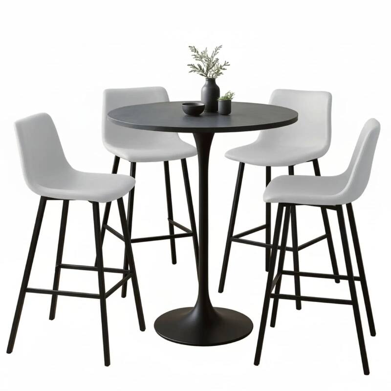 Elland 5-Piece Bar-Height Dining Set with Round MDF Bar Table and Upholstered Leather Bar Stools - Light Grey