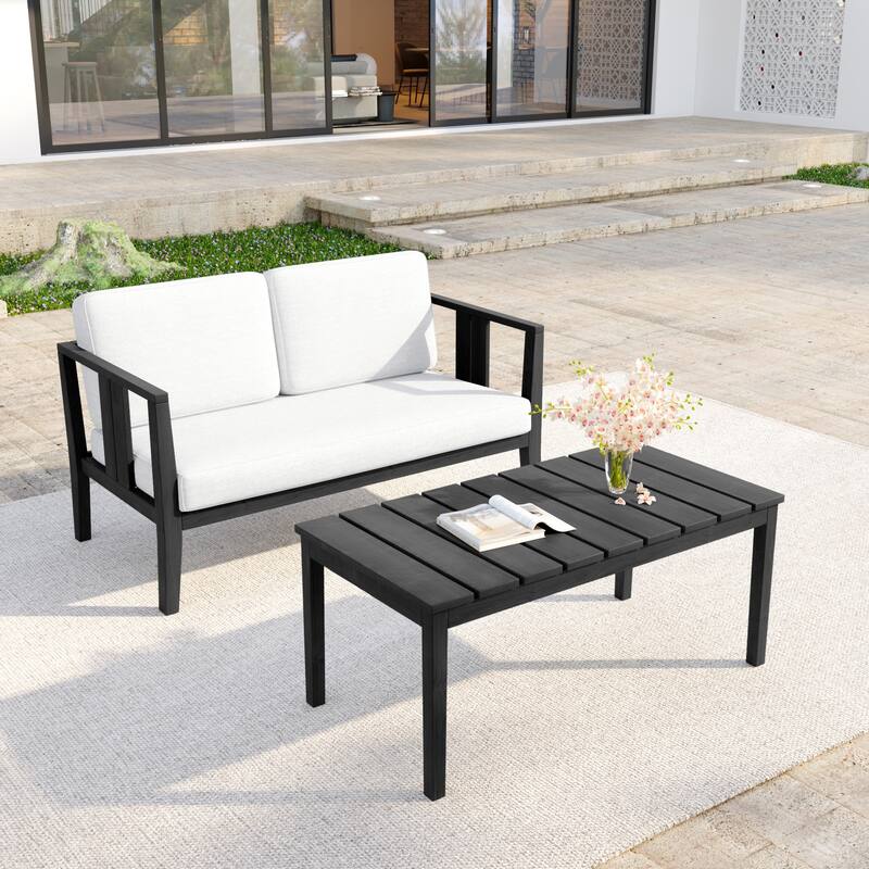 Casual 53"W Outdoor Patio Loveseat Set In Solid Teak Wood with Cushion - Dark Wood - Beige