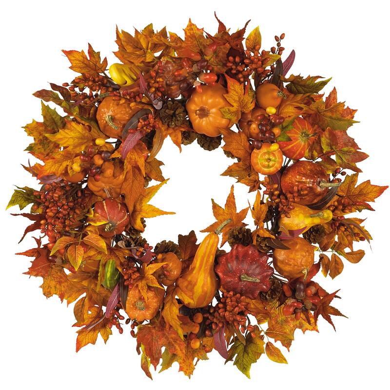 Autumn Harvest Maple Berries and Pinecones Wreath, 28-Inch, Unlit