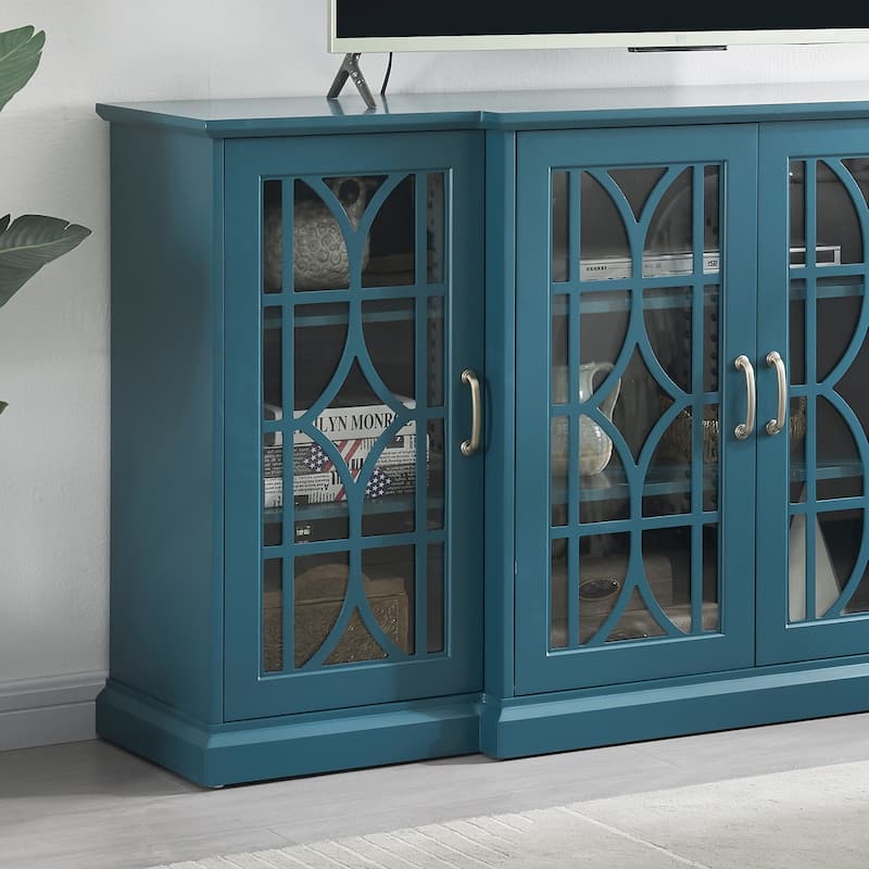 Wood TV Stand with 4 Glass Doors, Buffet Sideboard with Adjustable Shelves, Media Console Table with Metal Handles