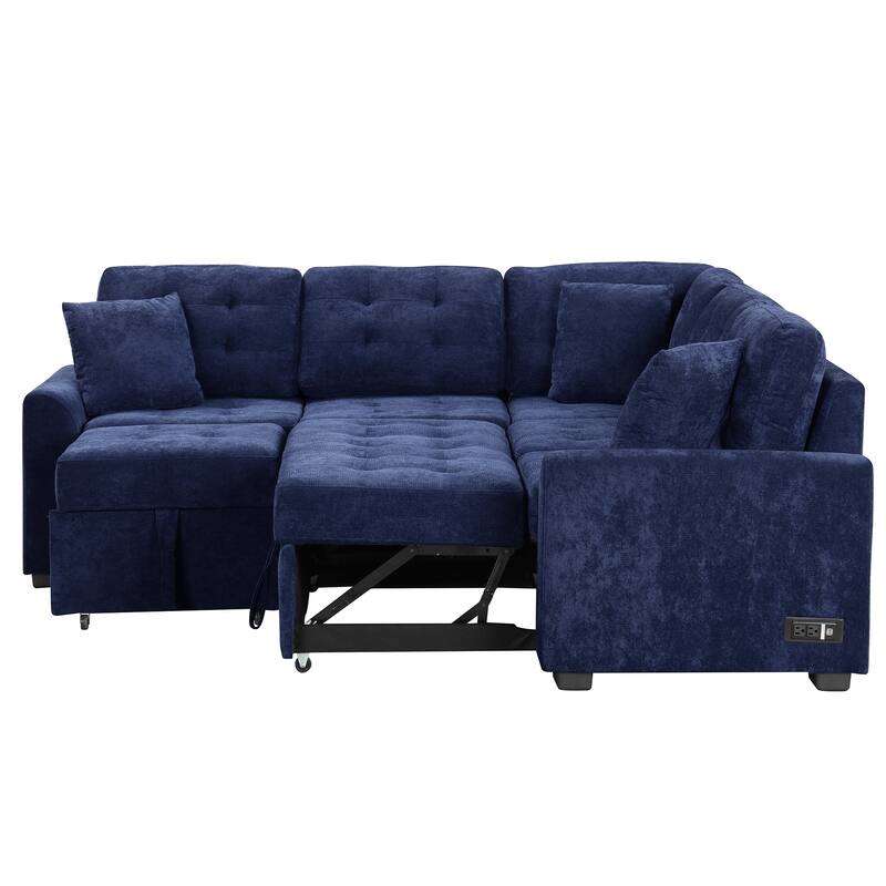 Roomfitters Pull-Out L-Shape Sofa Bed with Wheels, USB Ports, and Power Sockets, Functional Sleeper Sofa for Living Room Comfort