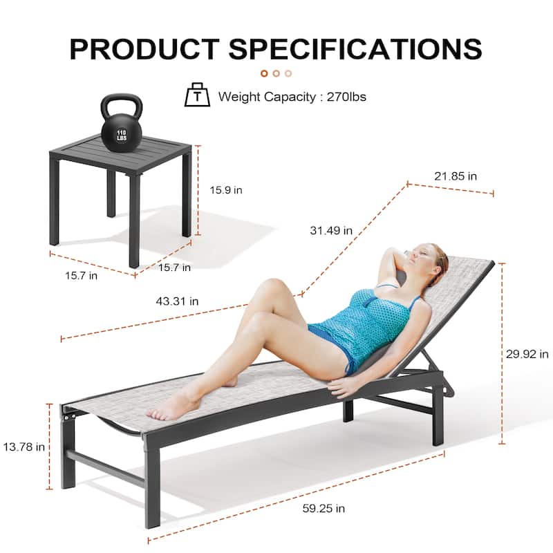 Outdoor Aluminum Chaise Lounge Chairs and Side Table, Sun Lounger with Adjustable Backrest