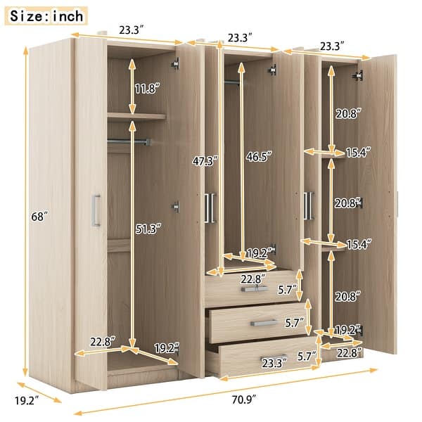 68" High Armoire Closet Cabinet for Bedroom, Classic Brown Freestanding Floor Big Wardrobe with Hanging Clothes Rod & Drawers